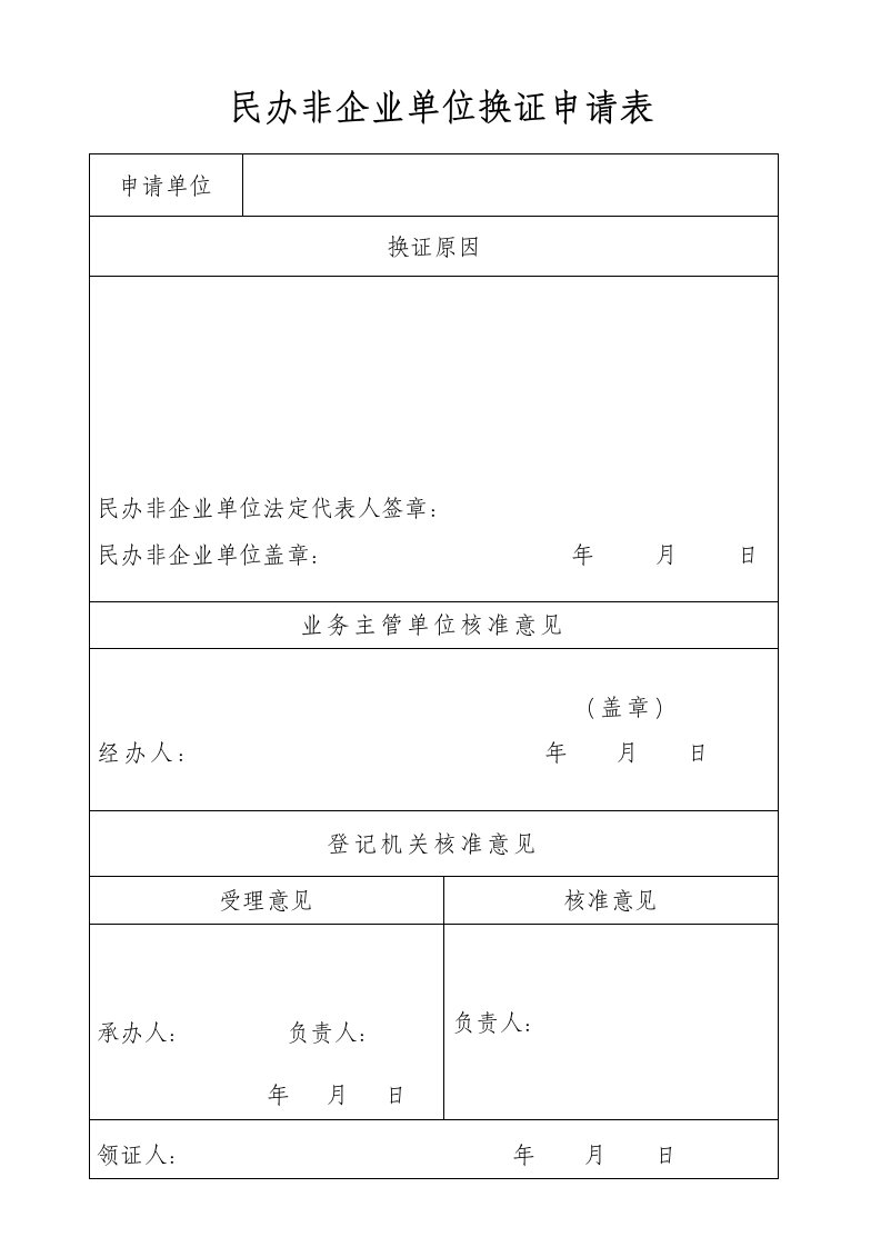 民办非企业单位换证申请表