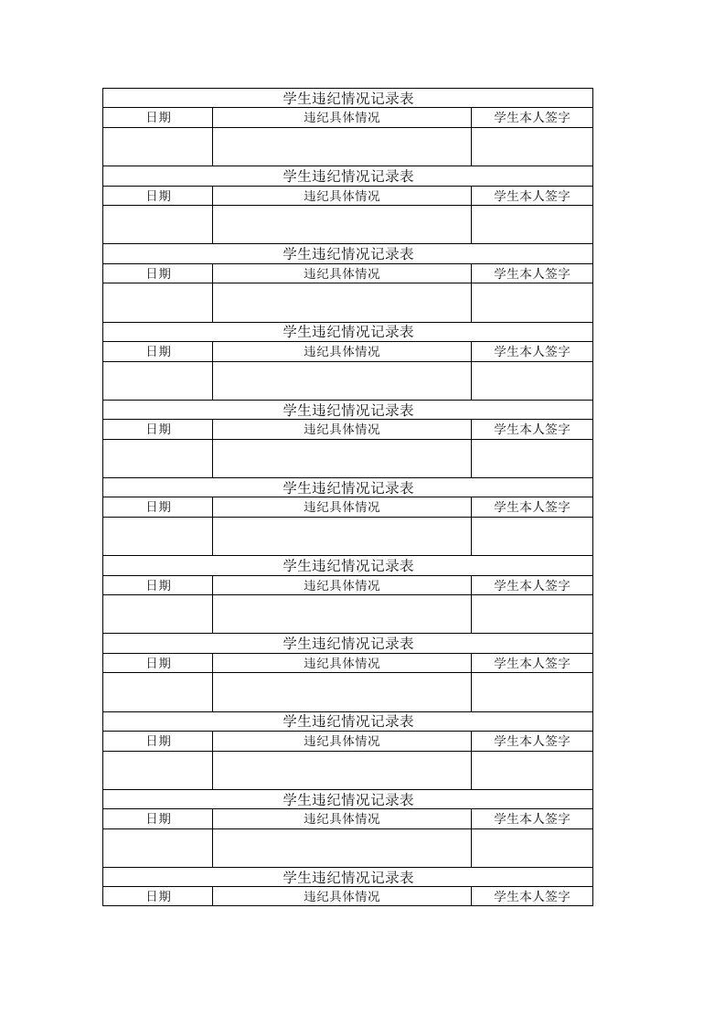 学生违纪情况记录表