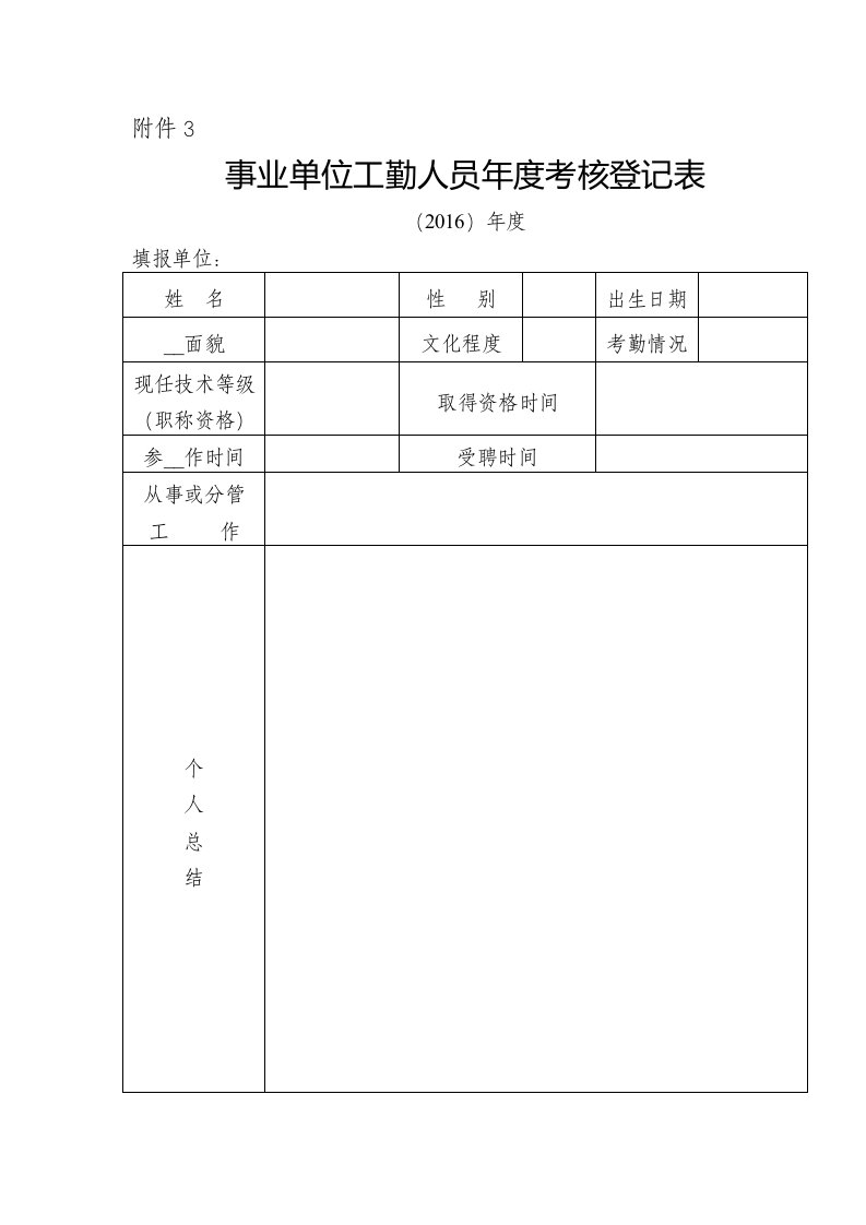 事业单位工勤人员年度考核登记表