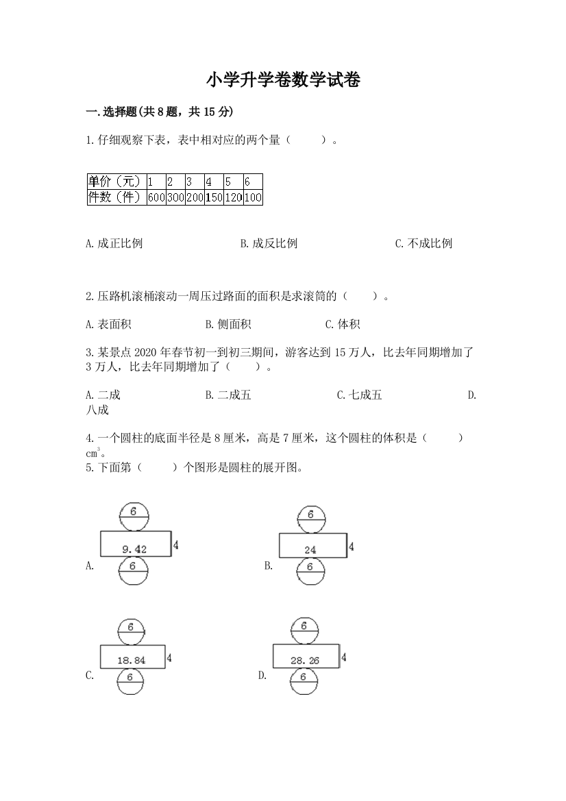 小学升学卷数学试卷【名师系列】