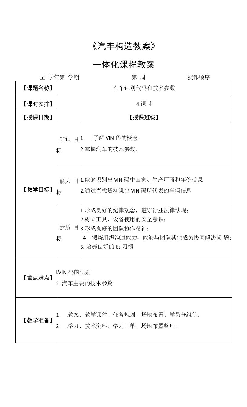 汽车识别代码和技术参数授课教案