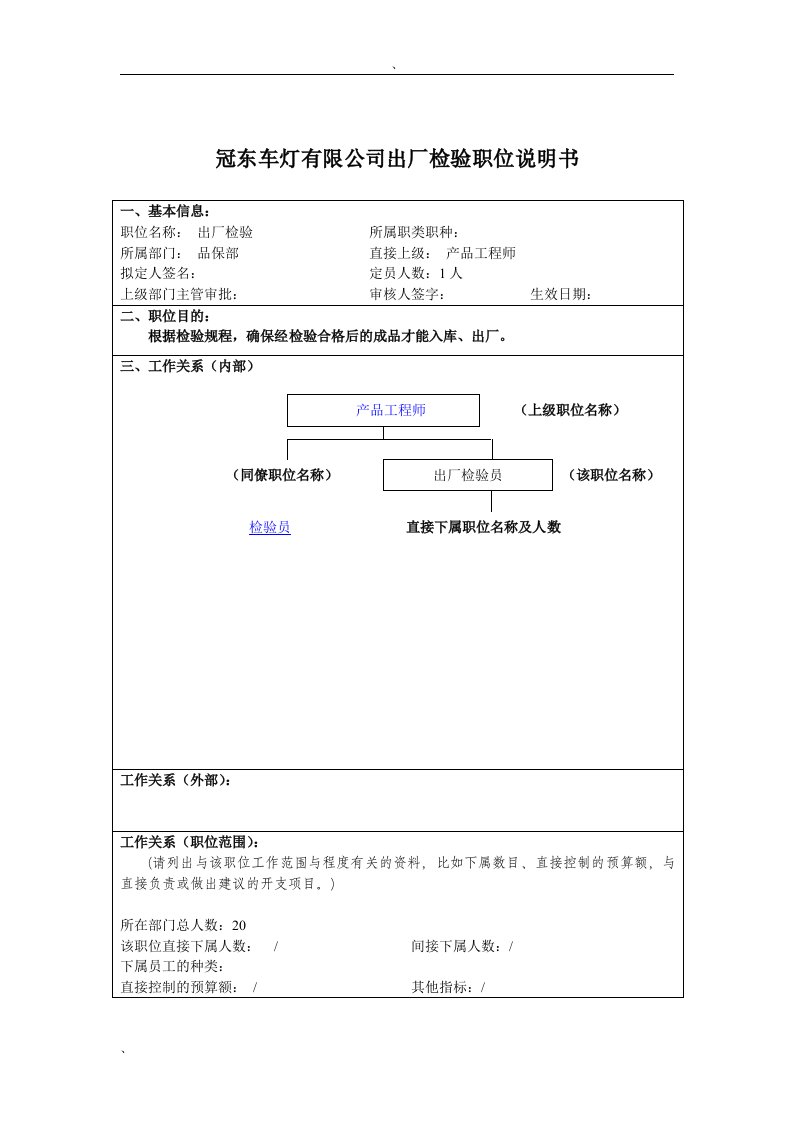 冠东车灯有限公司出厂检验职位说明书