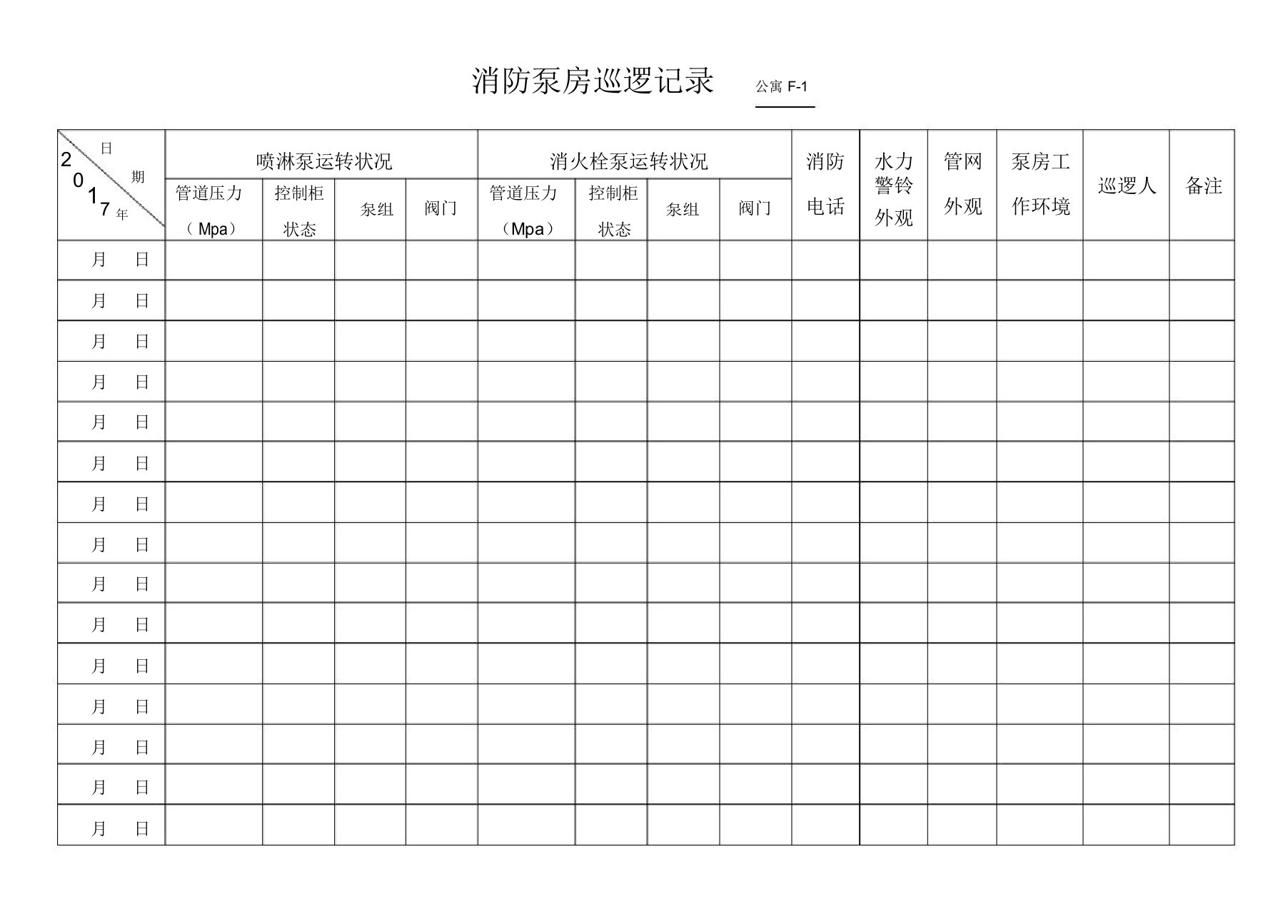 消防泵房巡查记录