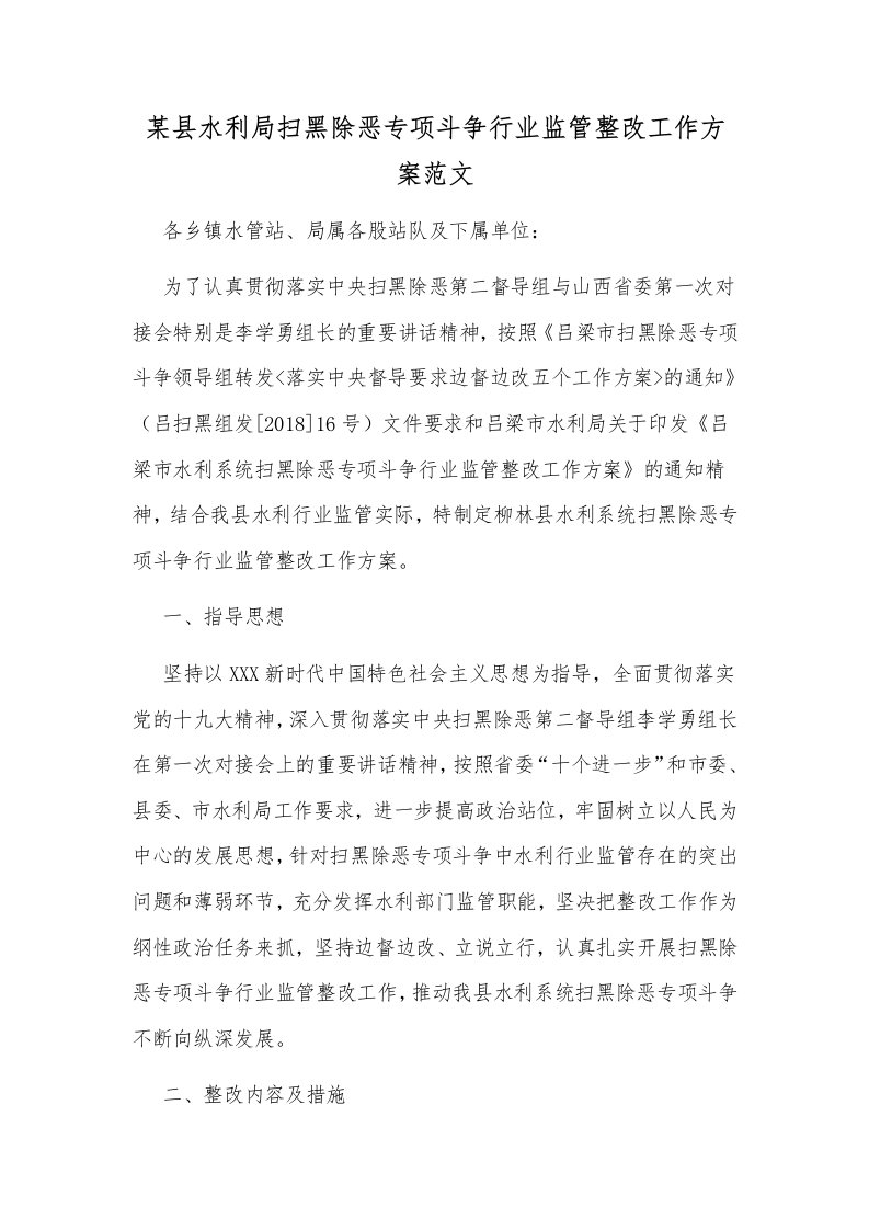 某县水利局扫黑除恶专项斗争行业监管整改工作方案范文