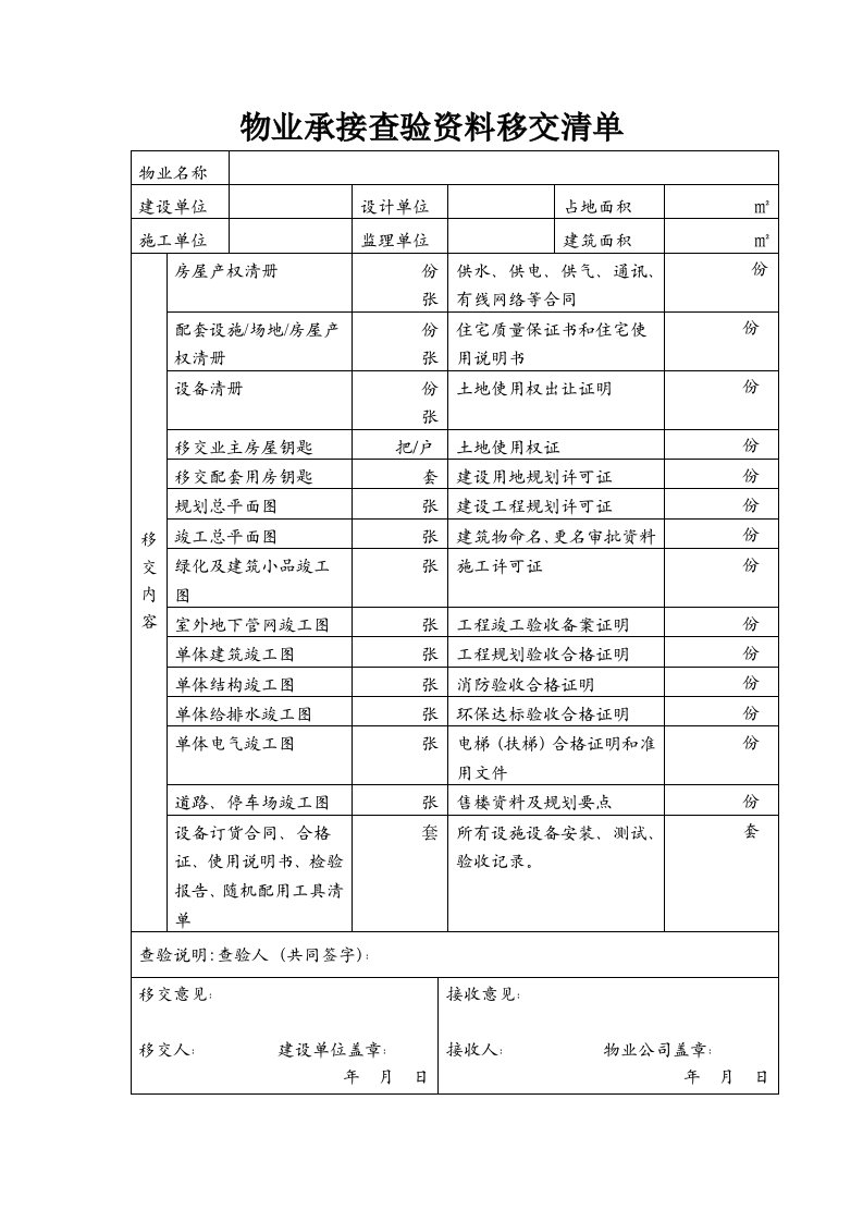 物业承接查验资料移交清单