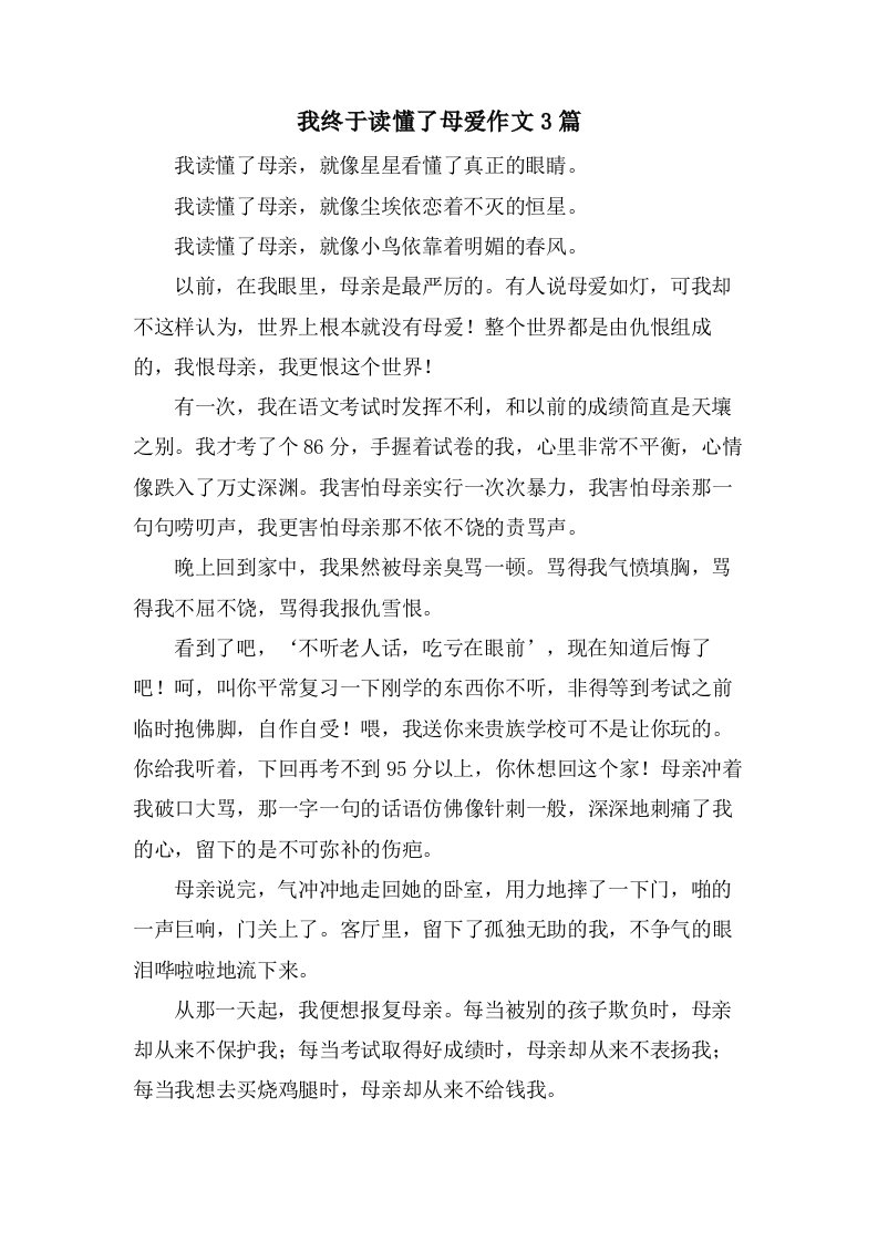 我终于读懂了母爱作文3篇