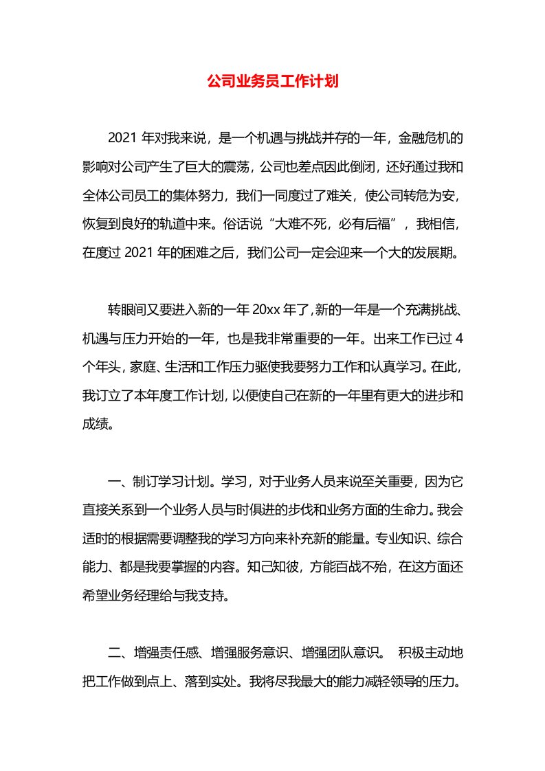 公司业务员工作计划