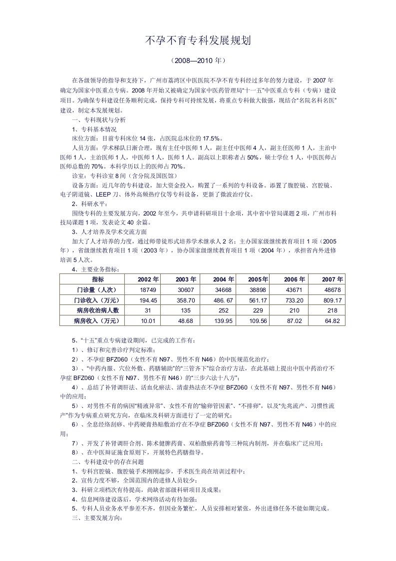 不孕不育专科发展规划