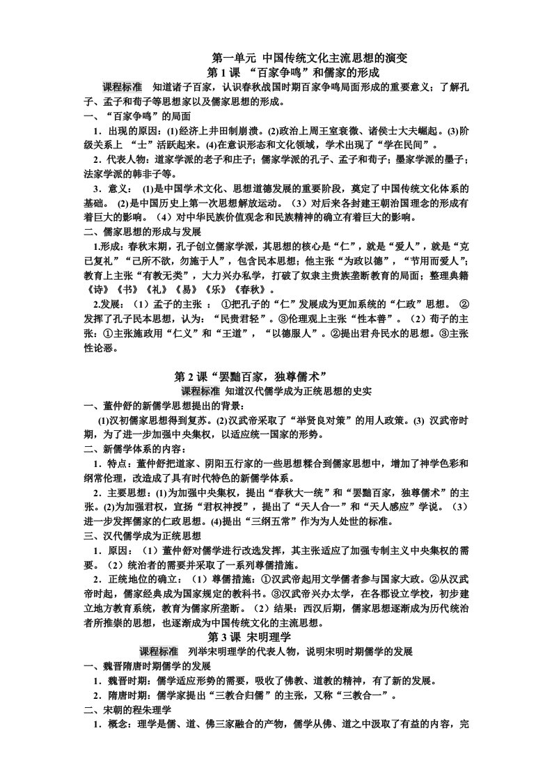 人教课程标准高中历史必修3知识梳理(全册)