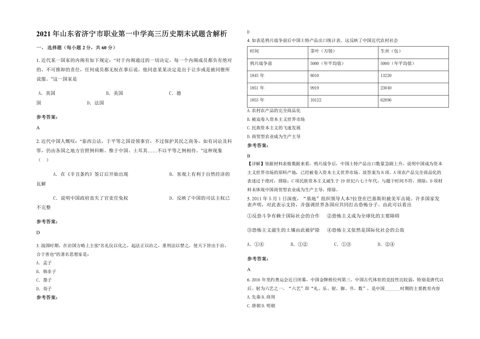 2021年山东省济宁市职业第一中学高三历史期末试题含解析