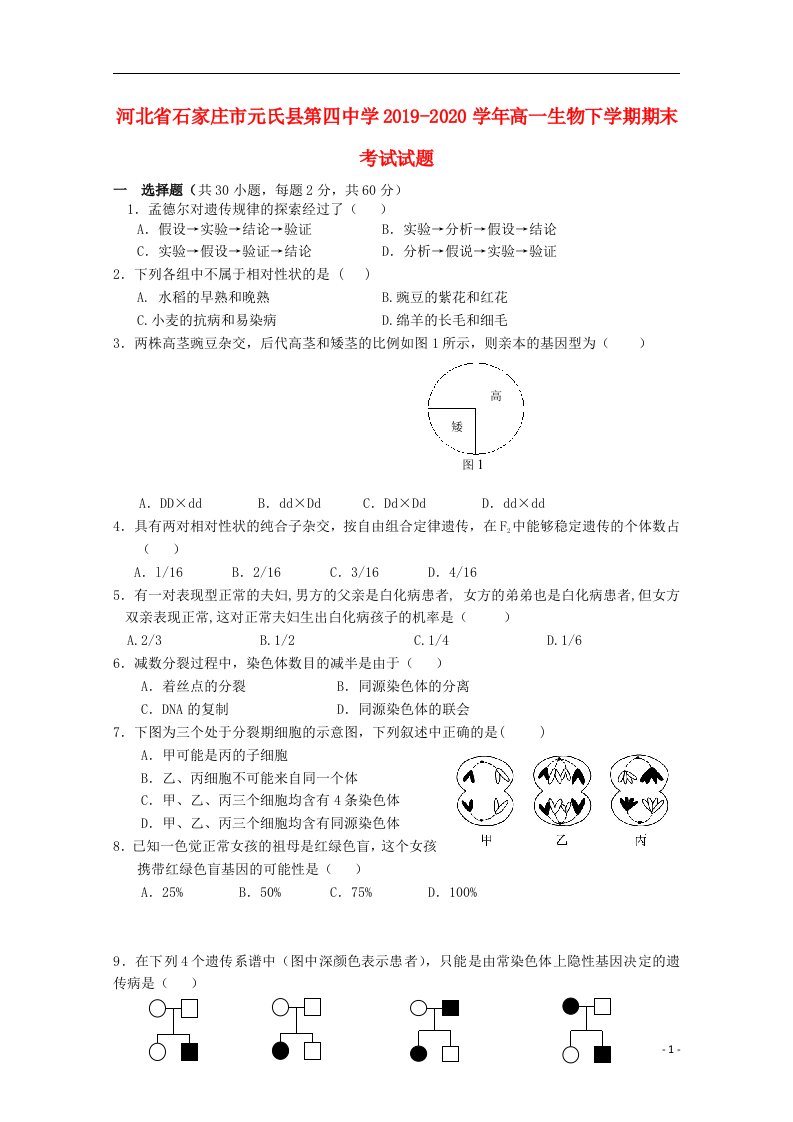 河北省石家庄市元氏县第四中学2019_2020学年高一生物下学期期末考试试题