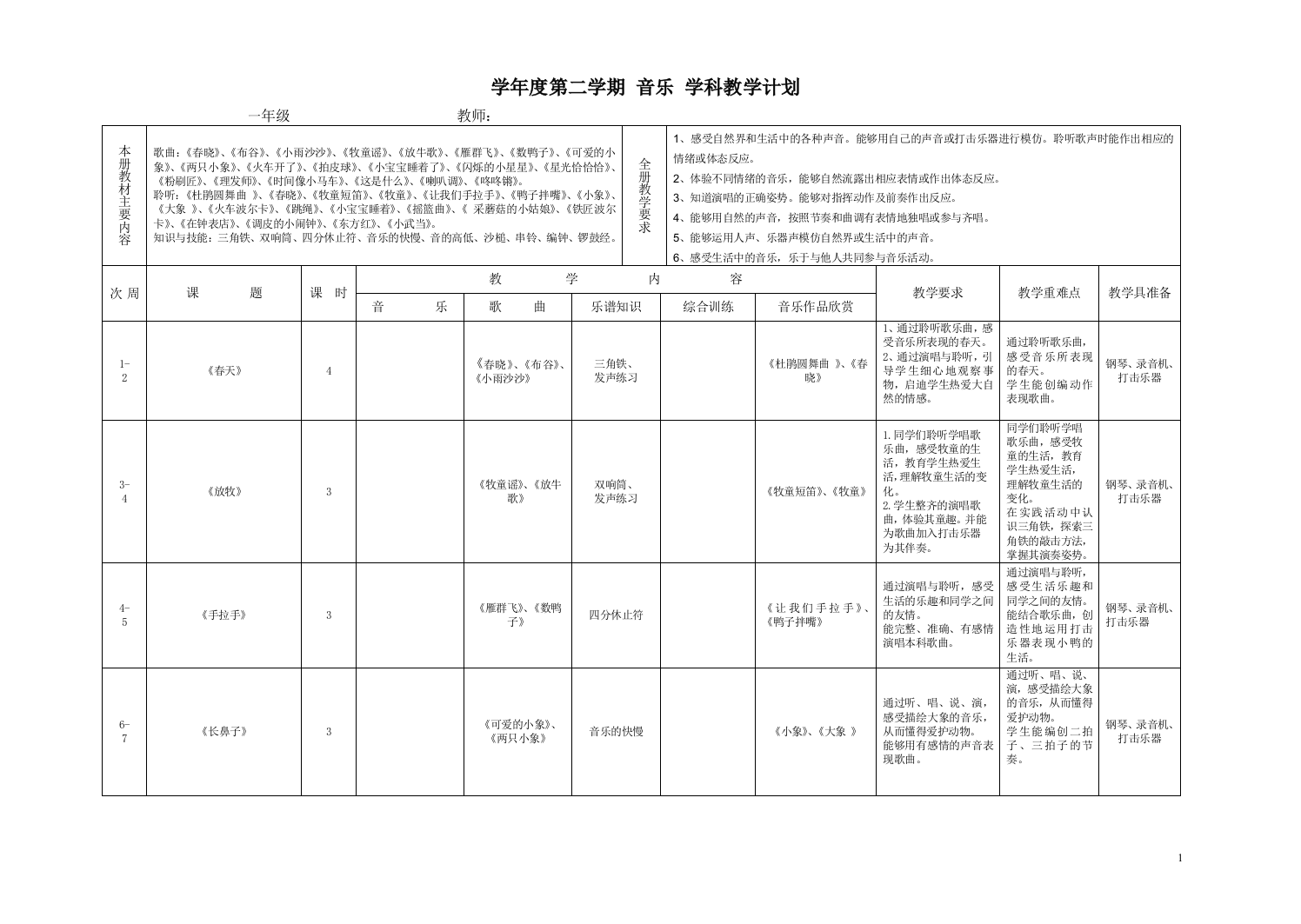 一年级教学计划（下）