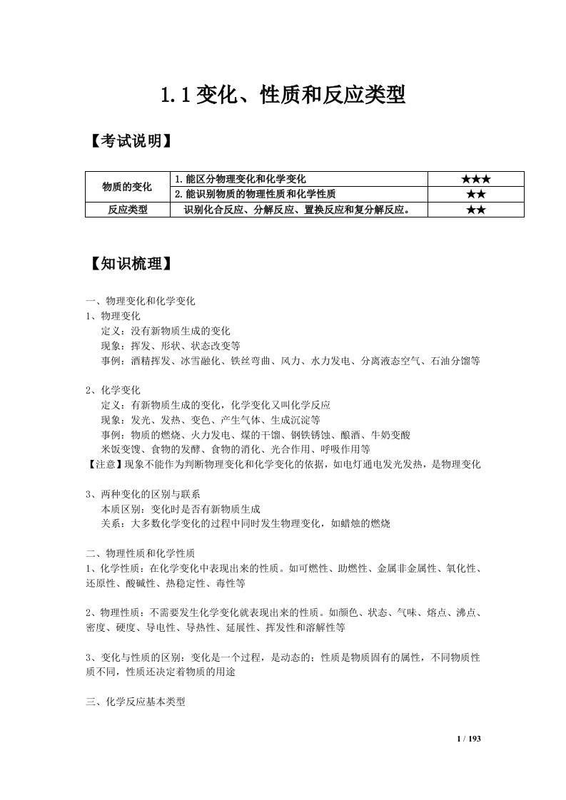 人教版初中化学全册讲义