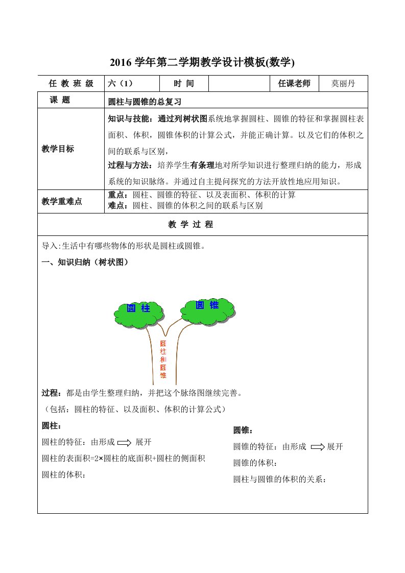 数学人教版六年级下册圆柱与圆锥总复习教案