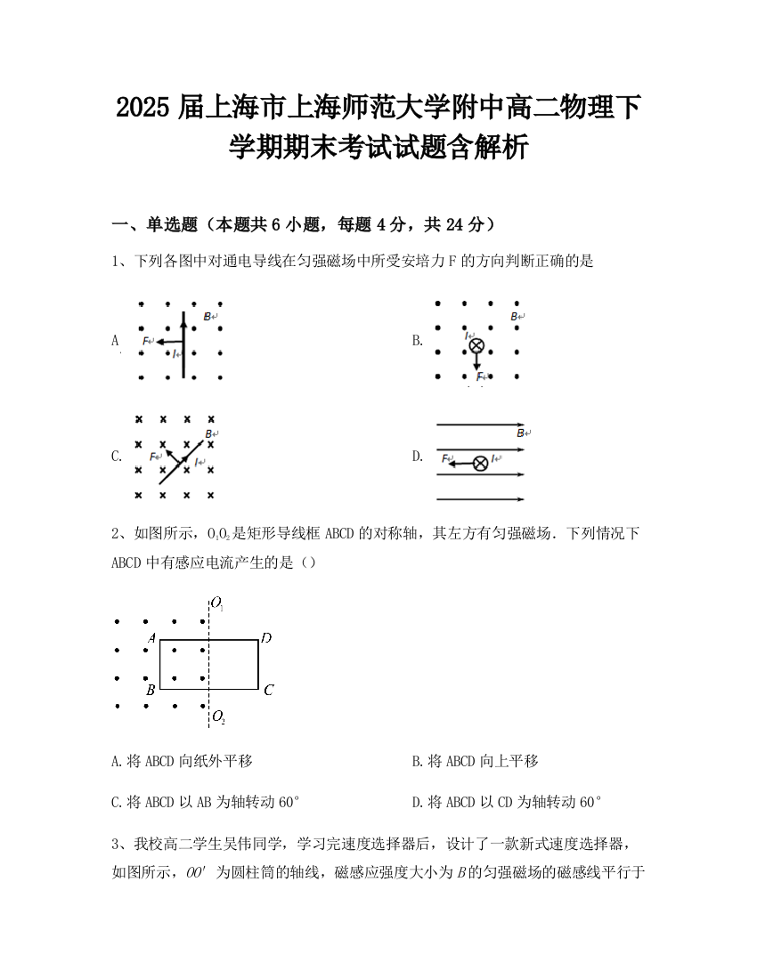 2025届上海市上海师范大学附中高二物理下学期期末考试试题含解析