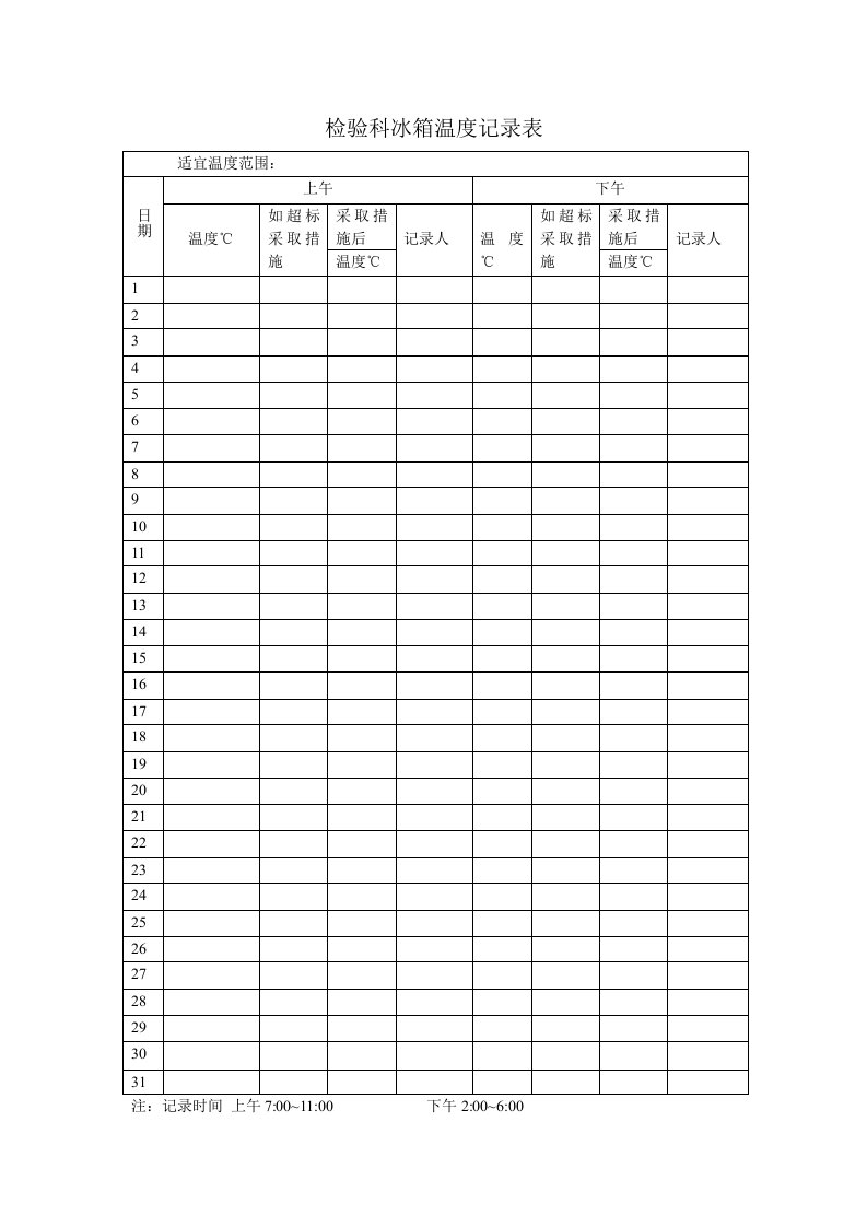 检验科冰箱温度记录表实用文档