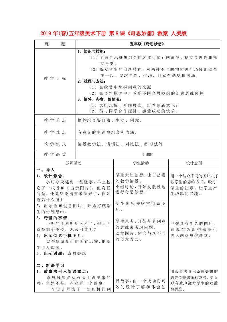 2019年(春)五年级美术下册