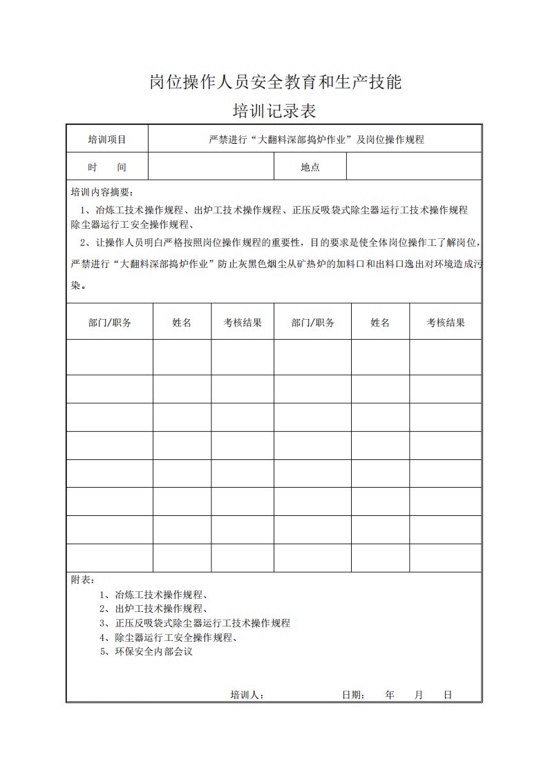 1岗位操作人员安全教育和生产技能培训记录