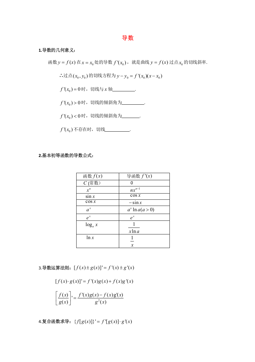 2023年导数知识点汇总