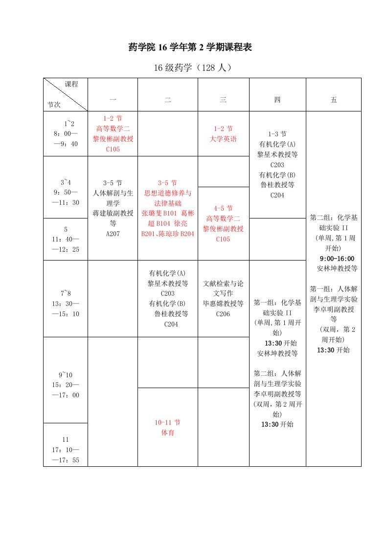 药学院16学年第2学期课程表