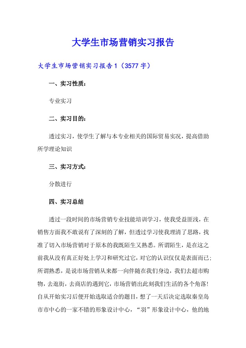 （精编）大学生市场营销实习报告