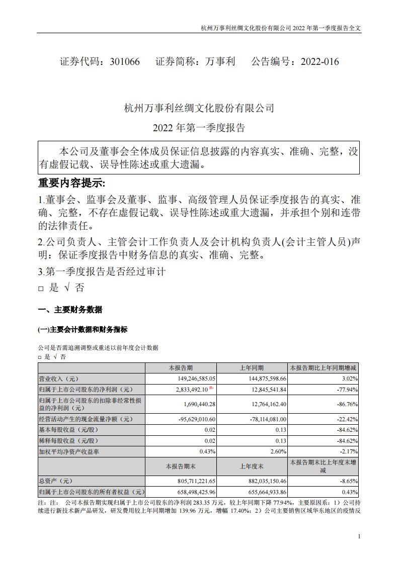 深交所-万事利：2022年一季度报告-20220426