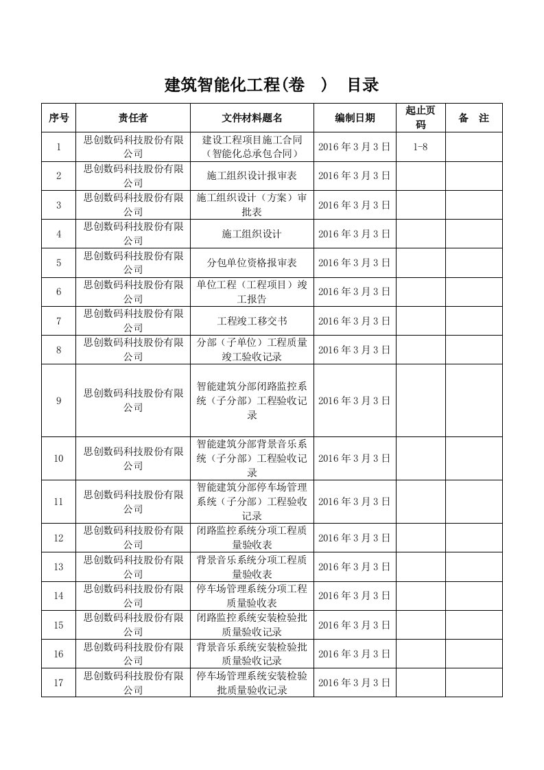 建筑智能化工程竣工资料目录