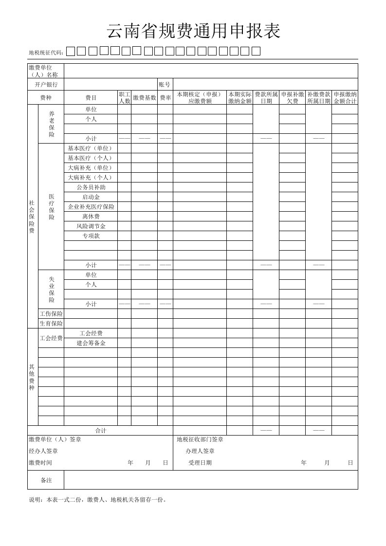 云南省规费通用申报表