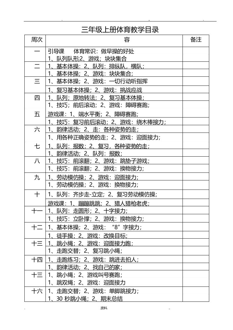 小学三年级上册体育全册教案