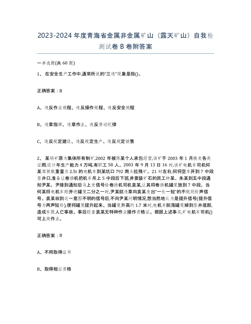 2023-2024年度青海省金属非金属矿山露天矿山自我检测试卷B卷附答案