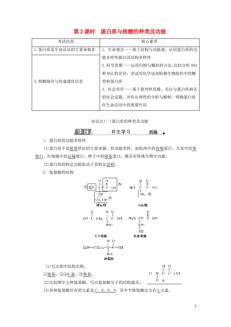 2021_2022新教材高中生物第一章细胞的分子组成第二节第2课时蛋白质与核酸的种类及功能学案浙科版必修1