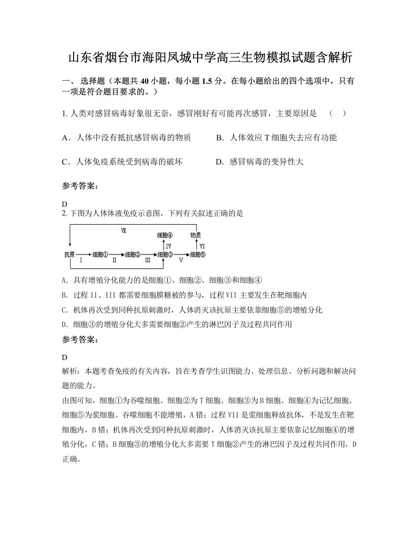 山东省烟台市海阳凤城中学高三生物模拟试题含解析