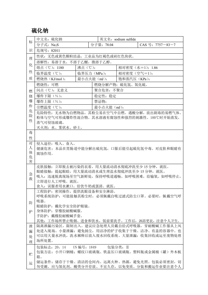 硫化钠(MSDS)安全技术说明书