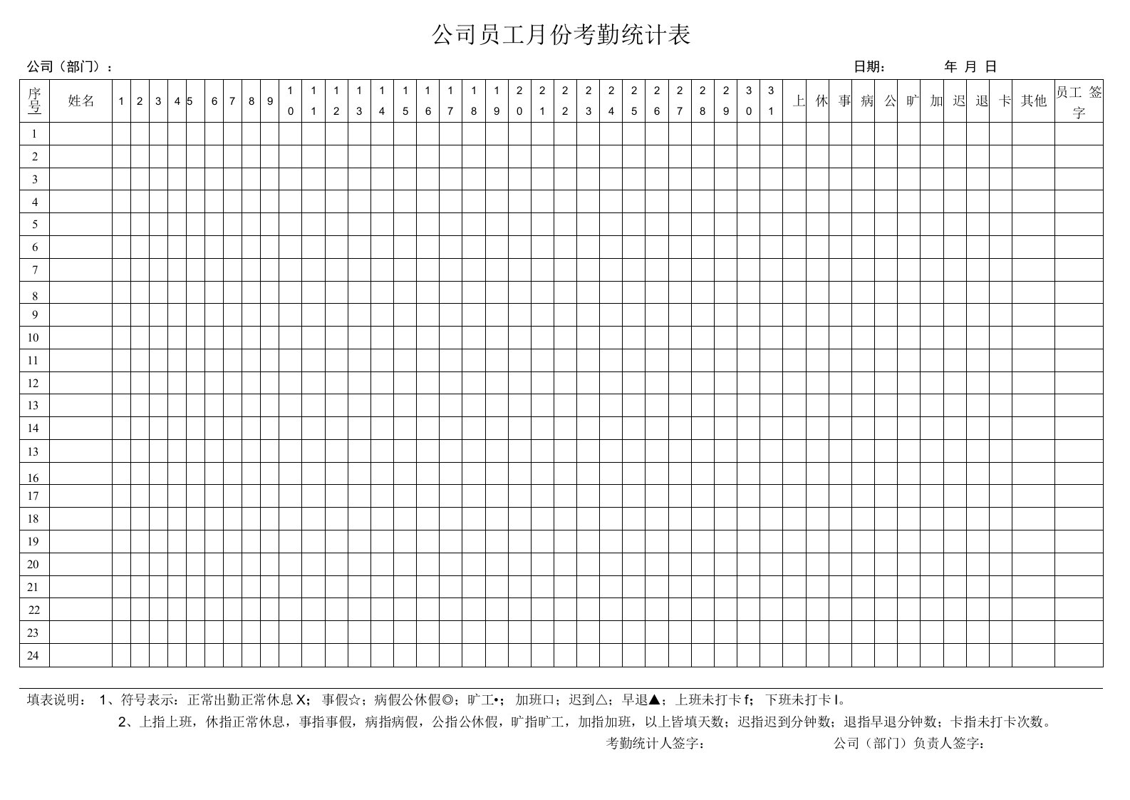 公司员工月份考勤统计表