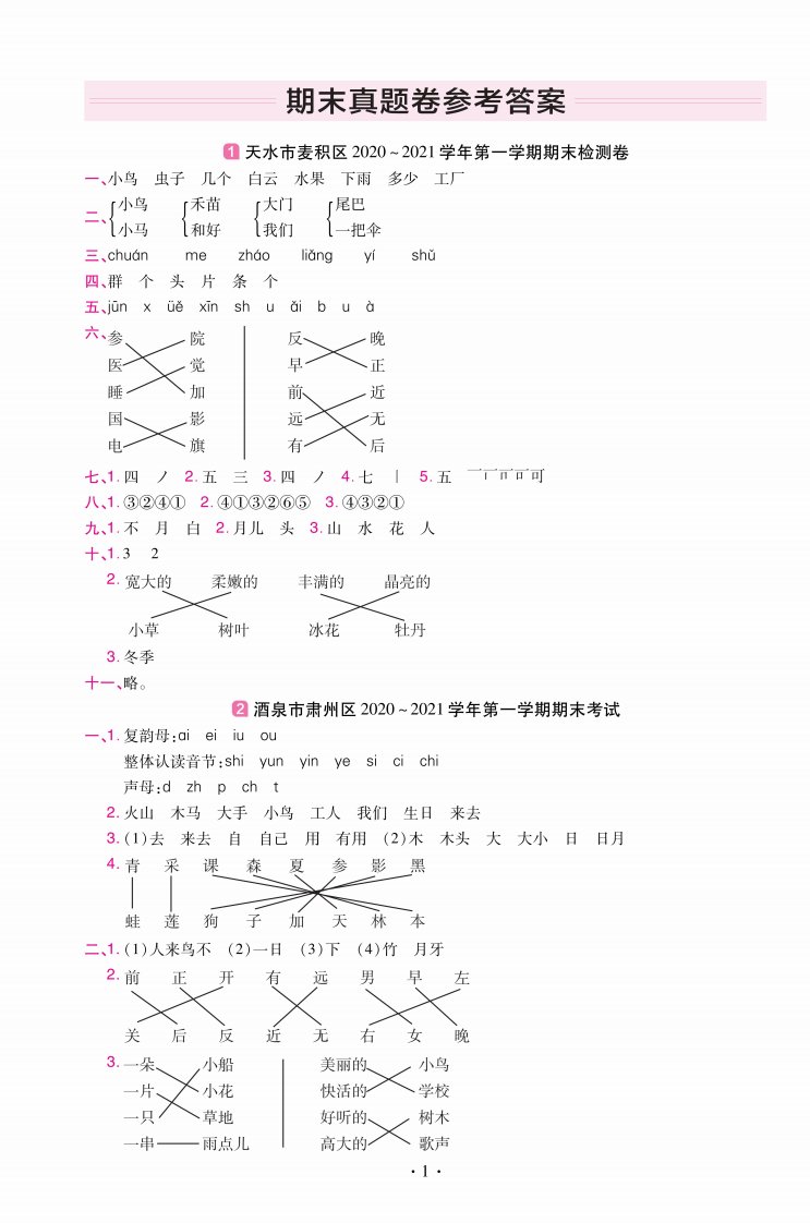 22版小学教材帮语文RJ1上试卷答案甘肃专用