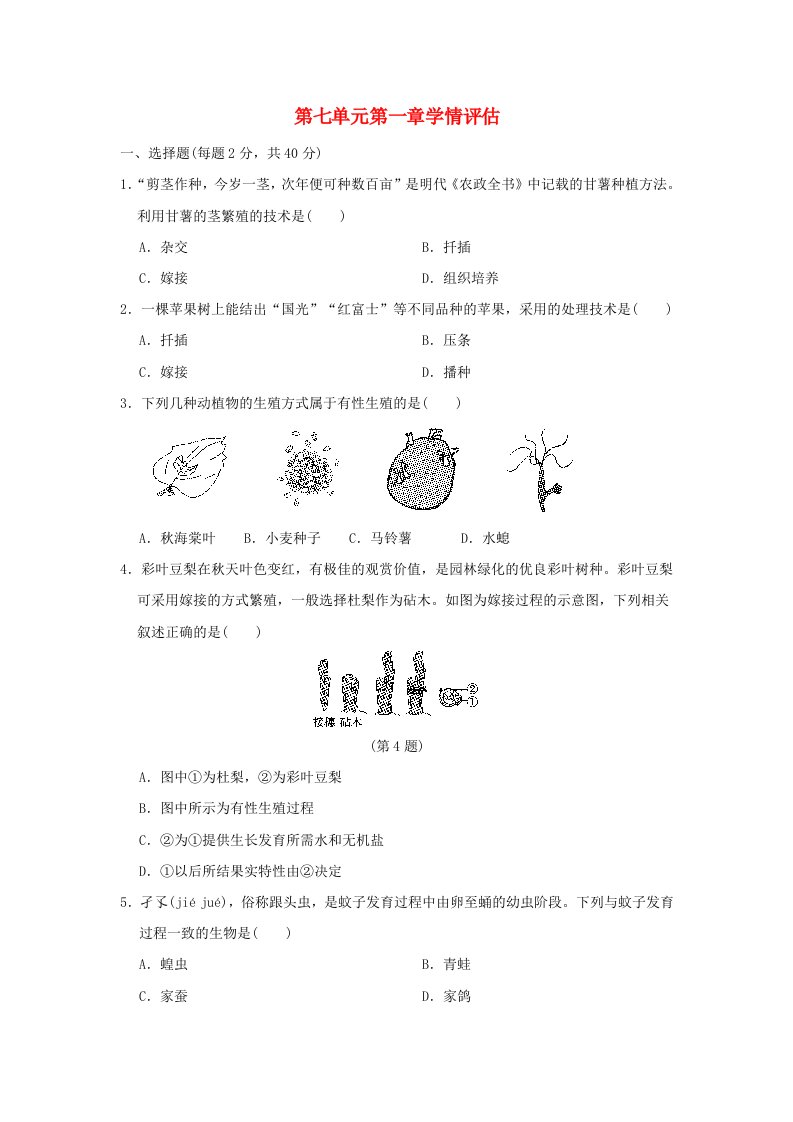 2024八年级生物下册第七单元生物圈中生命的延续和发展第一章生物的生殖和发育学情评估新版新人教版