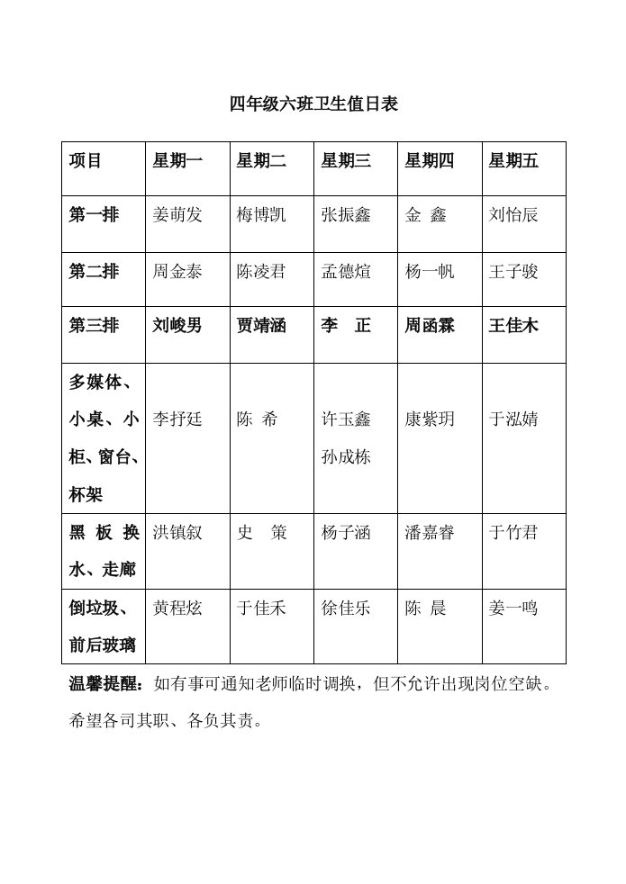 四年级六班卫生值日表