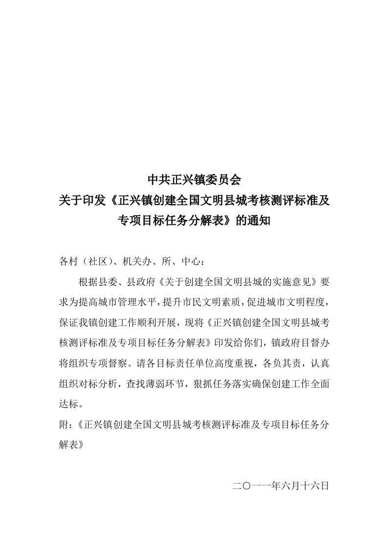 文明县城考核测评标准及专项目标任务分解表