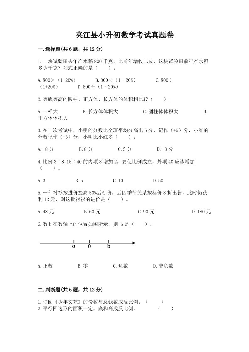 夹江县小升初数学考试真题卷及答案1套