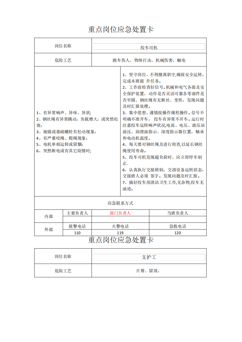 煤矿重点岗位应急处置卡