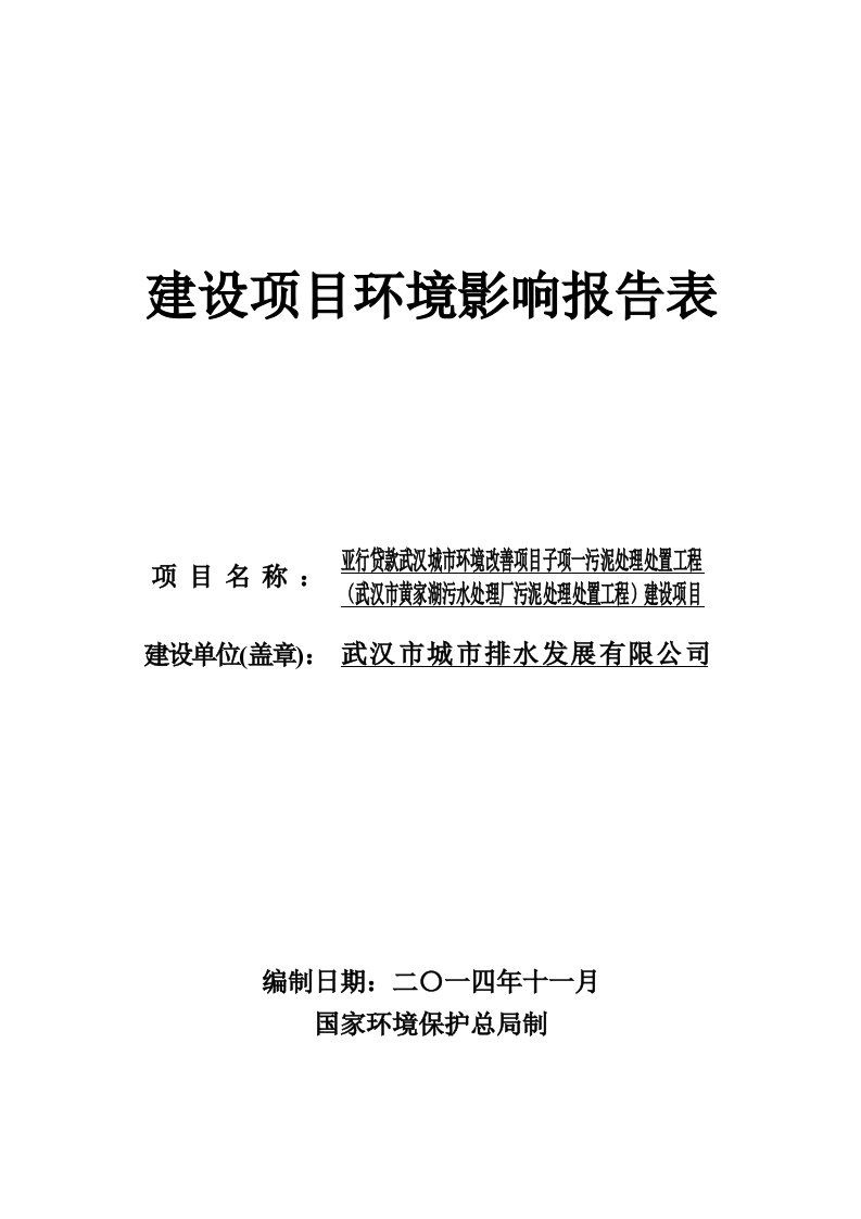 亚行贷款武汉城市环境改善项目子项一污泥处理处置工程武汉市黄家湖污水处理厂污泥处理处置工程建设项目环境影响报告表