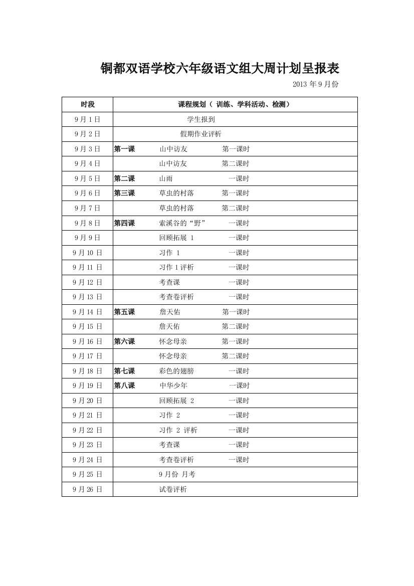 六年级9月份语文大周计划表