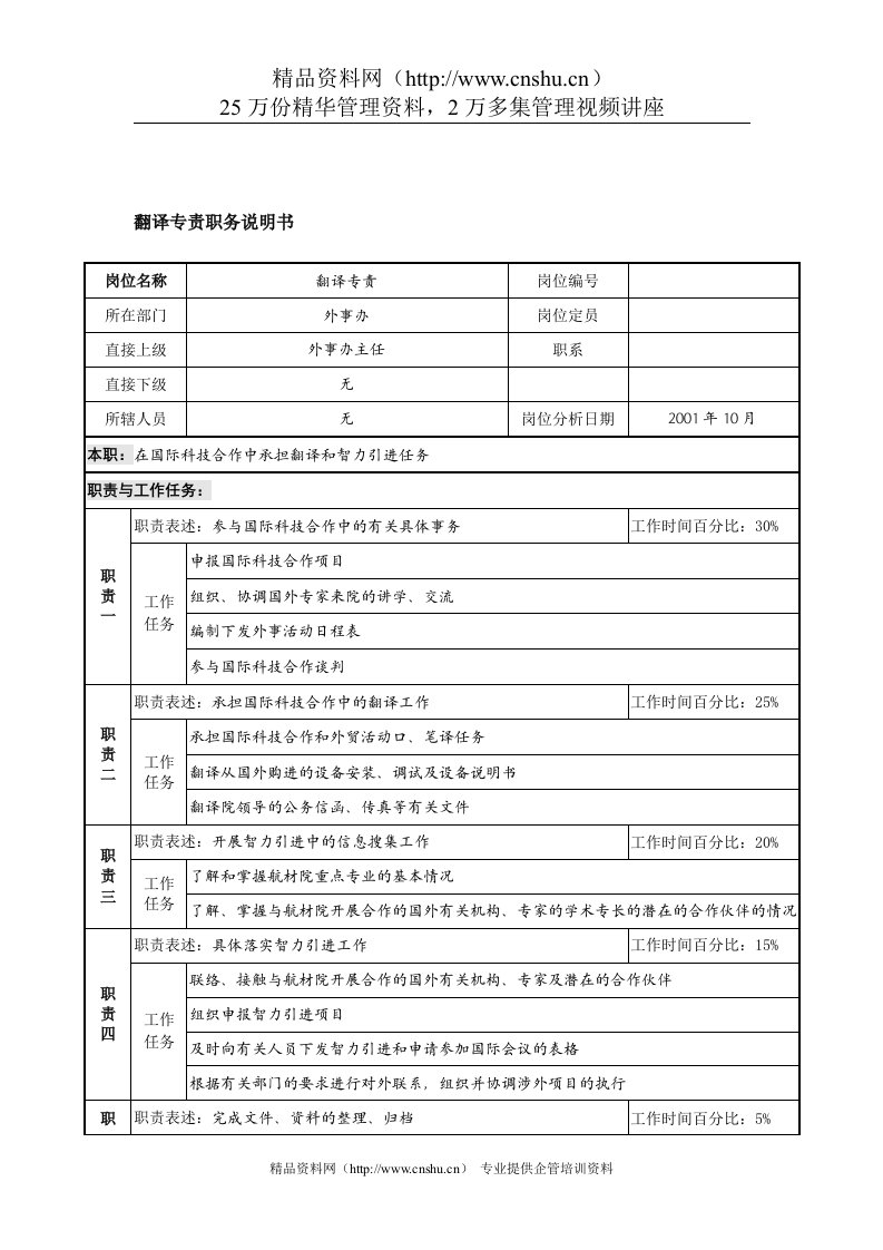 航材院外事办翻译专责职务说明书