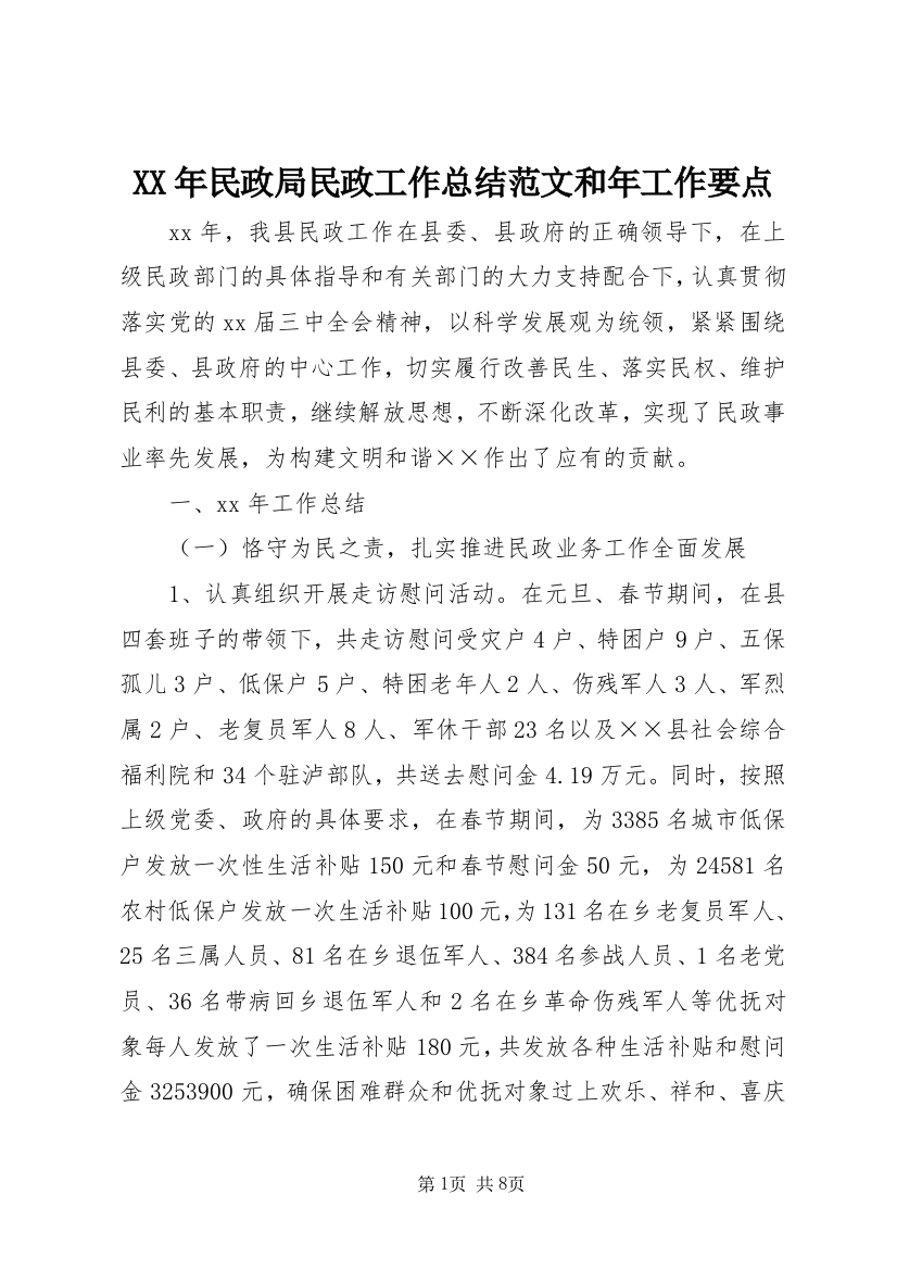 XX年民政局民政工作总结范文和年工作要点