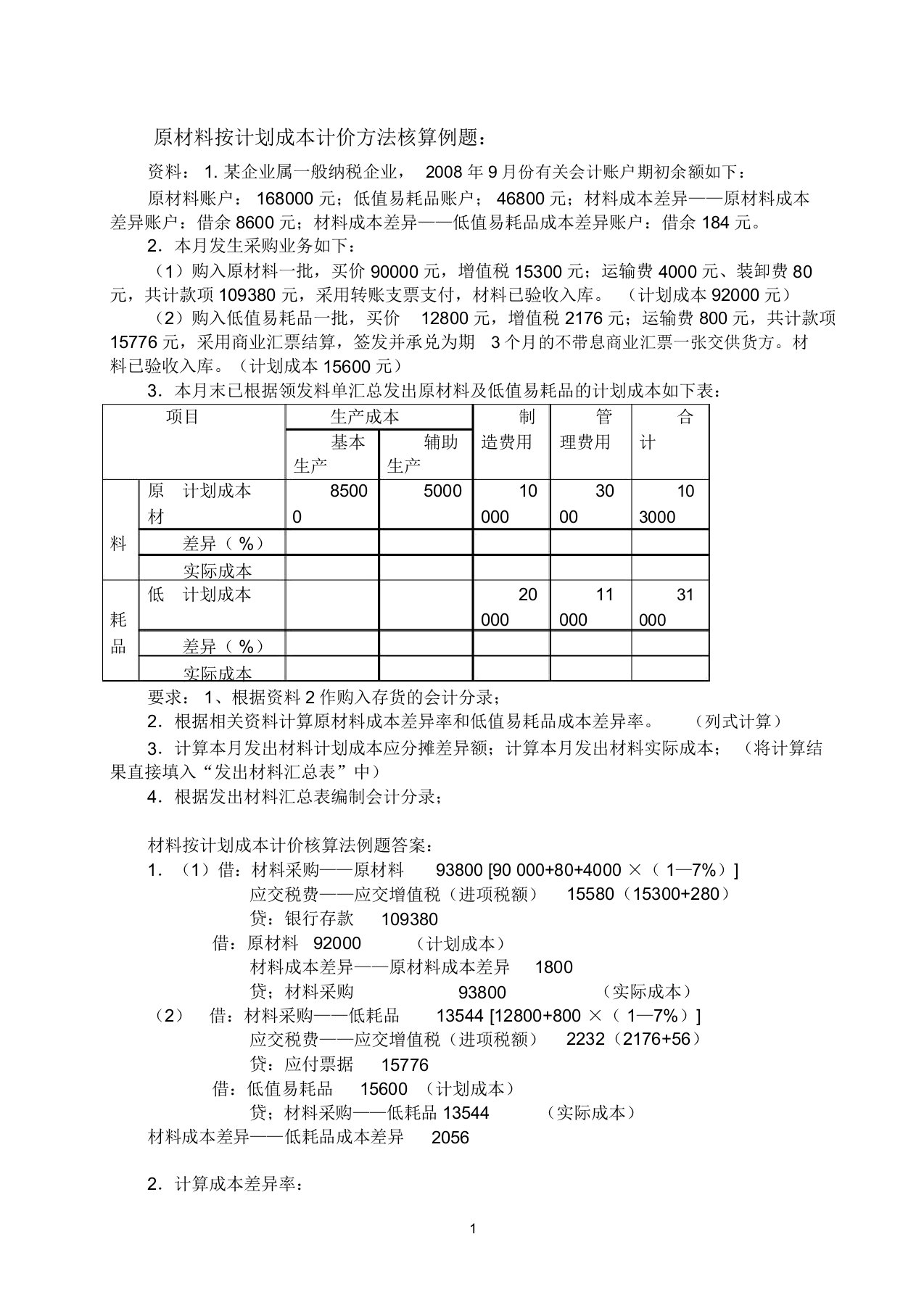 计划成本法例题