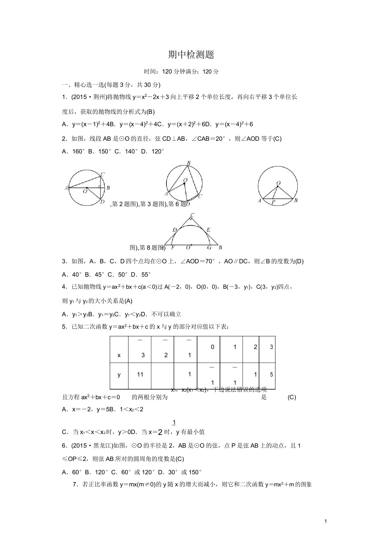 山东省荷泽市定陶县仿山乡九年级数学下期中检测题