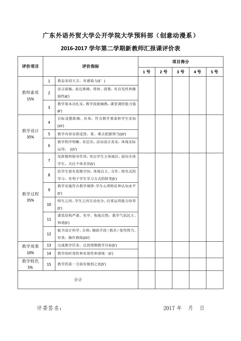 新教师汇报课评价表