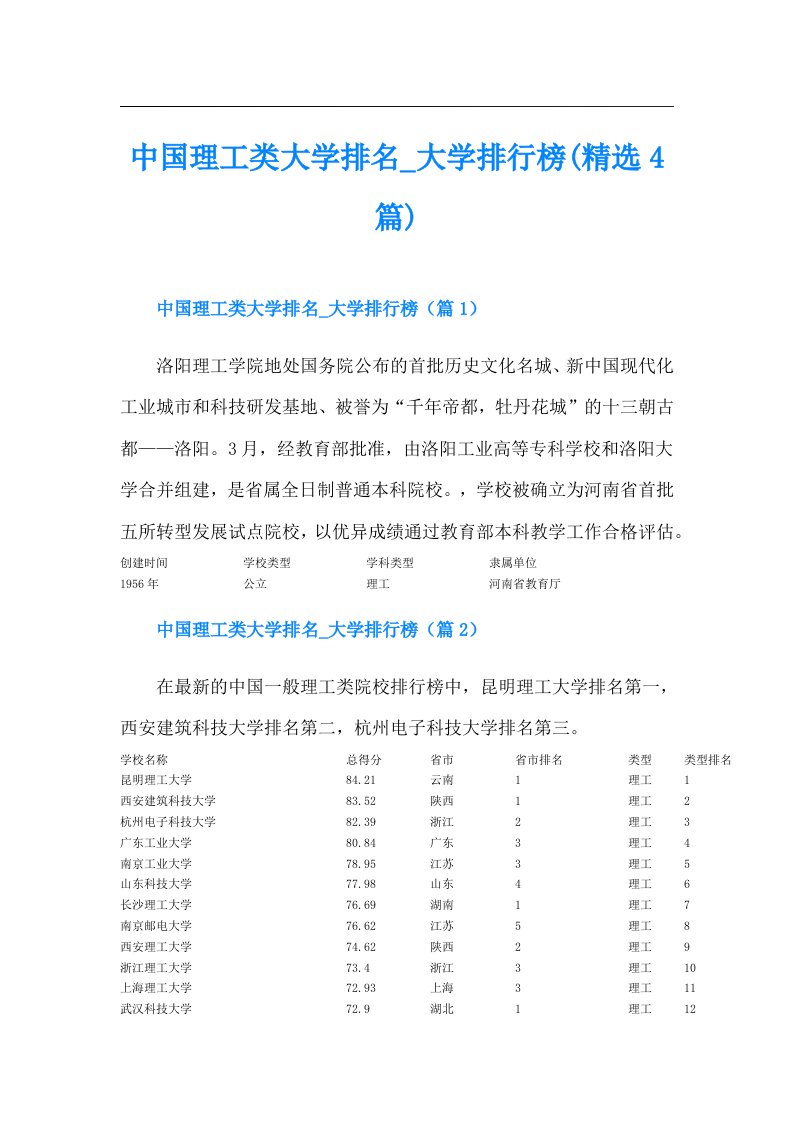 中国理工类大学排名大学排行榜(精选4篇)