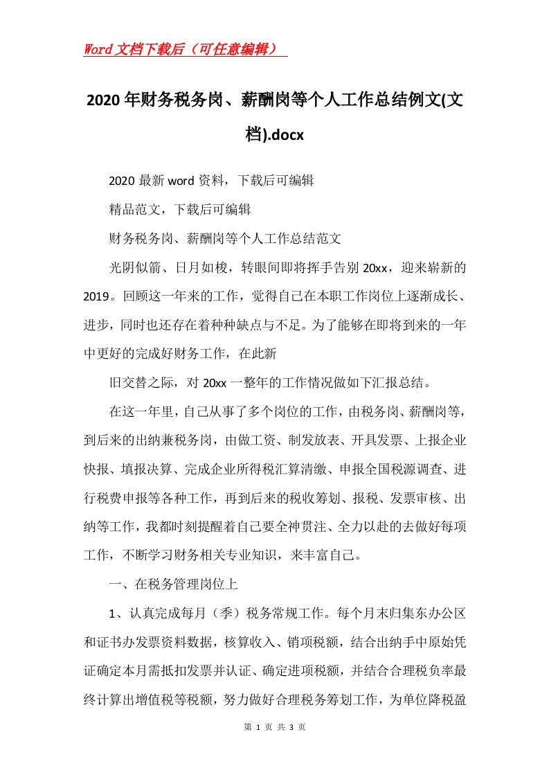 2020年财务税务岗薪酬岗等个人工作总结例文文档.docx