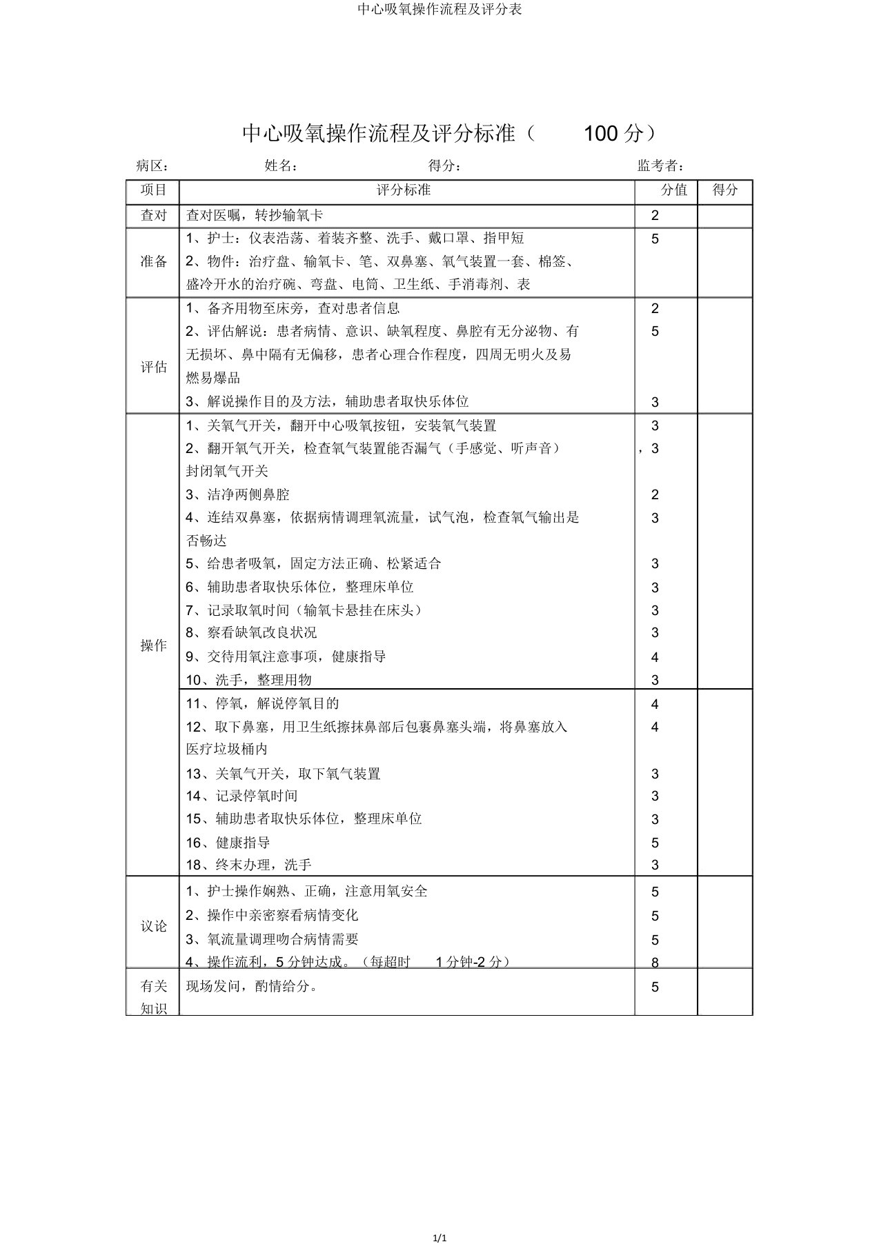 中心吸氧操作流程及评分表